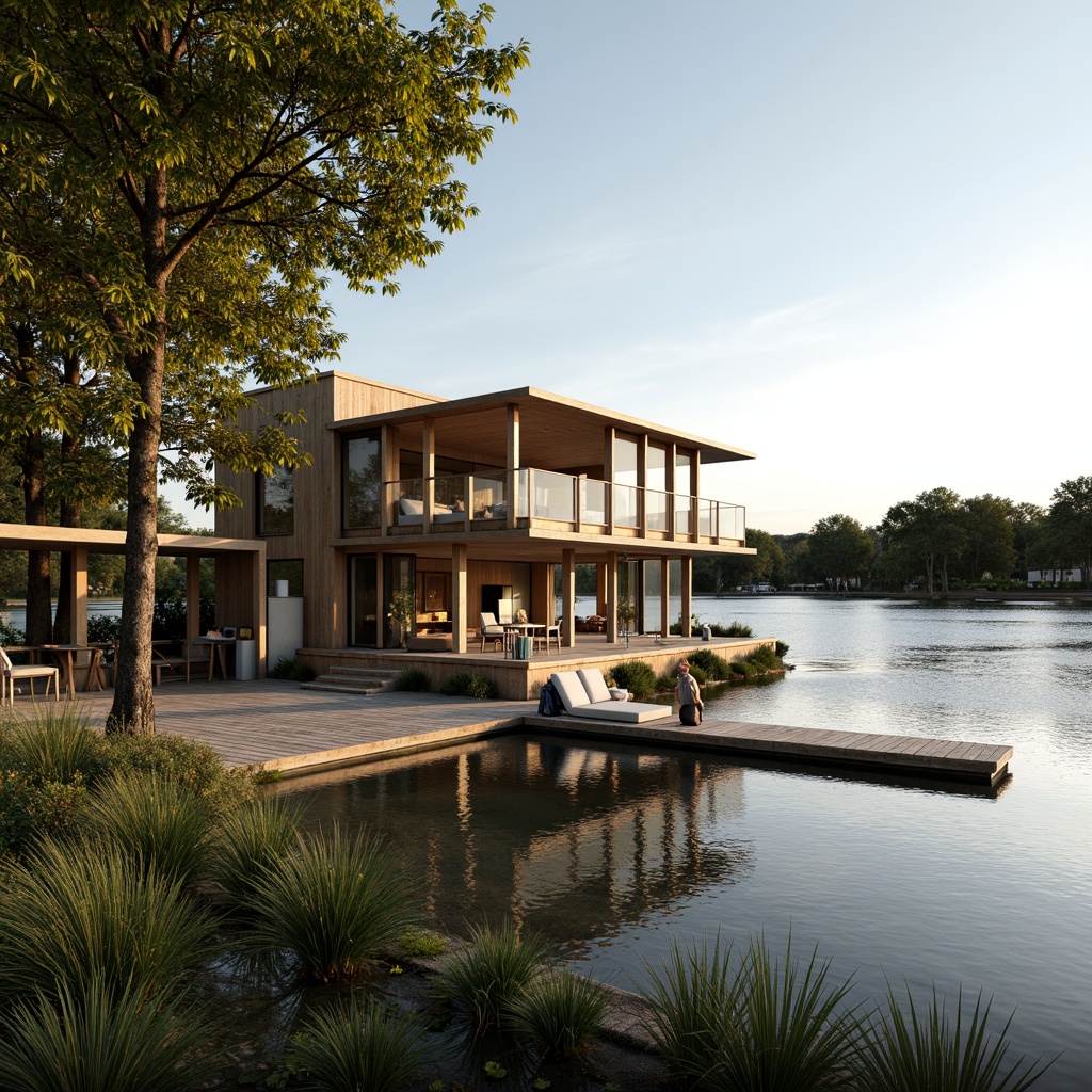 Prompt: Waterfront boathouse, minimalistic design, natural wood accents, floor-to-ceiling windows, sliding glass doors, unobstructed lake views, soft warm lighting, shallow depth of field, 1/2 composition, panoramic view, realistic reflections, ambient occlusion, rustic wooden dock, serene lake surroundings, lush greenery, gentle water ripples, sunny day, peaceful atmosphere, subtle texture details.