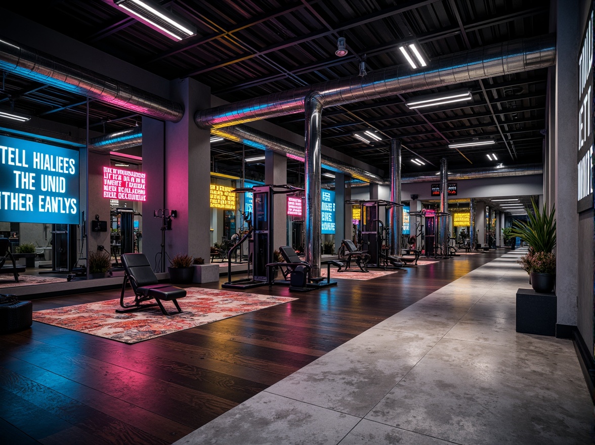 Prompt: Modern home gym, sleek mirrored walls, polished chrome equipment, dark wood flooring, textured concrete accents, industrial-style metal beams, motivational quotes, colorful neon signs, dynamic LED lighting, high-gloss paint finishes, metallic epoxy coatings, geometric patterned rugs, minimalist decor, urban loft ambiance, dramatic shadows, 1/1 composition, shallow depth of field.