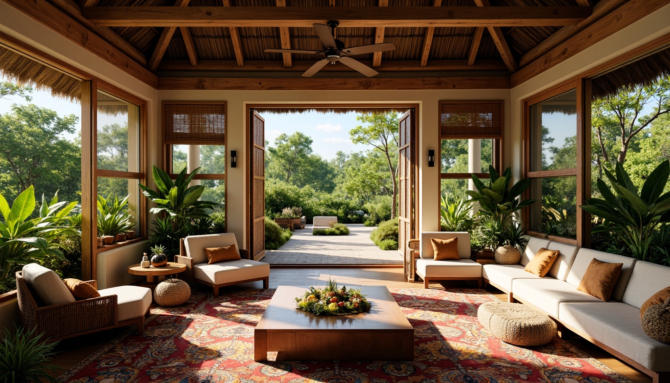 Prompt: Tropical interior, lush greenery, exotic plants, natural wood accents, woven rattan furniture, vibrant colorful textiles, intricate tribal patterns, airy open spaces, high ceilings, large windows, sliding glass doors, warm sunny lighting, soft gentle breeze, cross ventilation, wooden louvers, ornate metal grilles, earthy tone color palette, organic shapes, rustic natural materials, ambient occlusion, realistic textures, 3/4 composition, panoramic view.