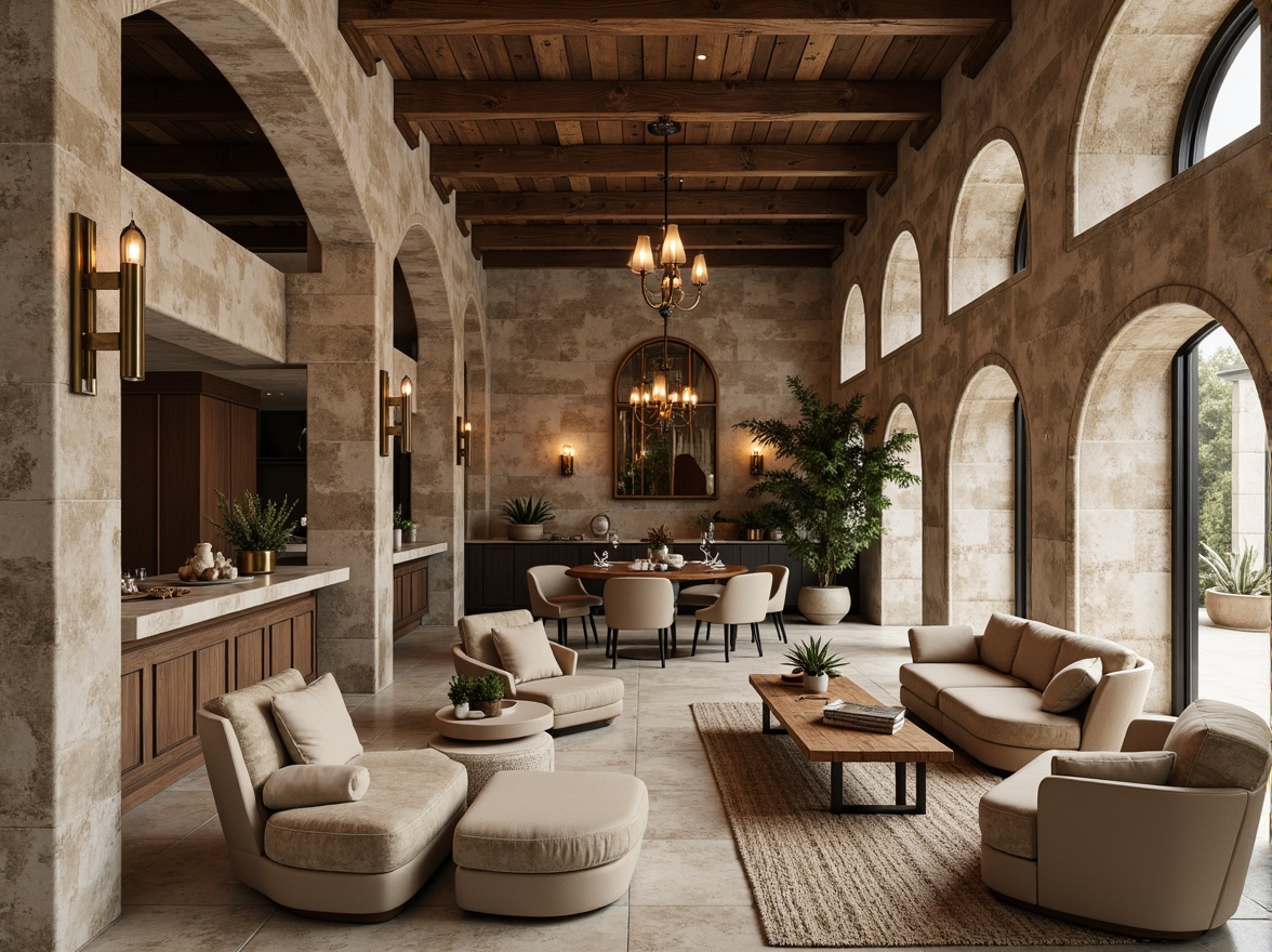 Prompt: Earth-toned stone walls, reclaimed wood accents, plush velvet furniture, metallic lighting fixtures, natural fiber rugs, creamy marble countertops, soft warm lighting, organic shapes, elegant archways, sophisticated neutral color palette, luxurious textiles, refined industrial elements, vintage decorative pieces, distressed wood finishes, ornate metalwork details.