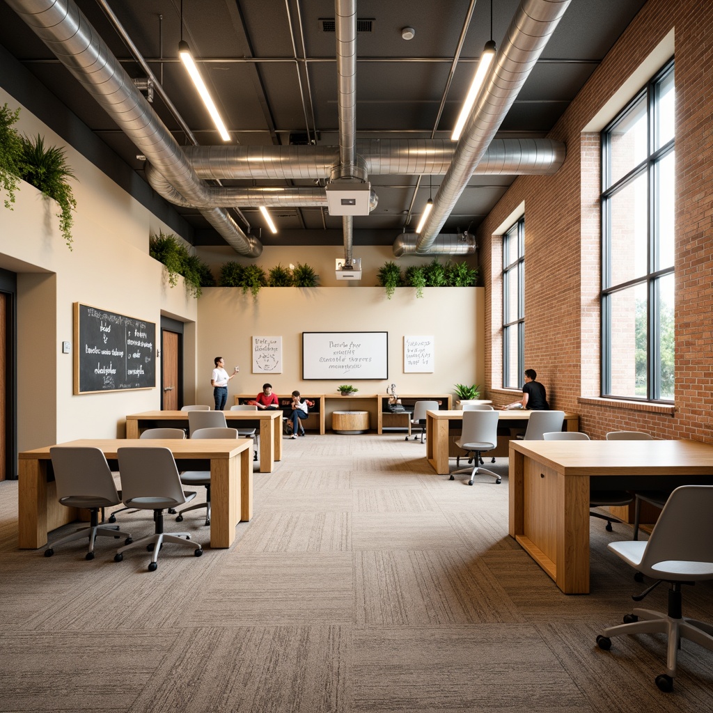 Prompt: Transitional style school, brick exterior, modern interior, open concept classrooms, collaborative learning spaces, flexible seating arrangements, minimalist desks, ergonomic chairs, interactive whiteboards, floor-to-ceiling windows, natural light pouring in, warm beige color scheme, textured carpets, wooden accents, industrial-style lighting fixtures, exposed ductwork, motivational quotes on walls, greenery installations, cozy reading nooks, soft background music, shallow depth of field, 1/1 composition, realistic textures, ambient occlusion.