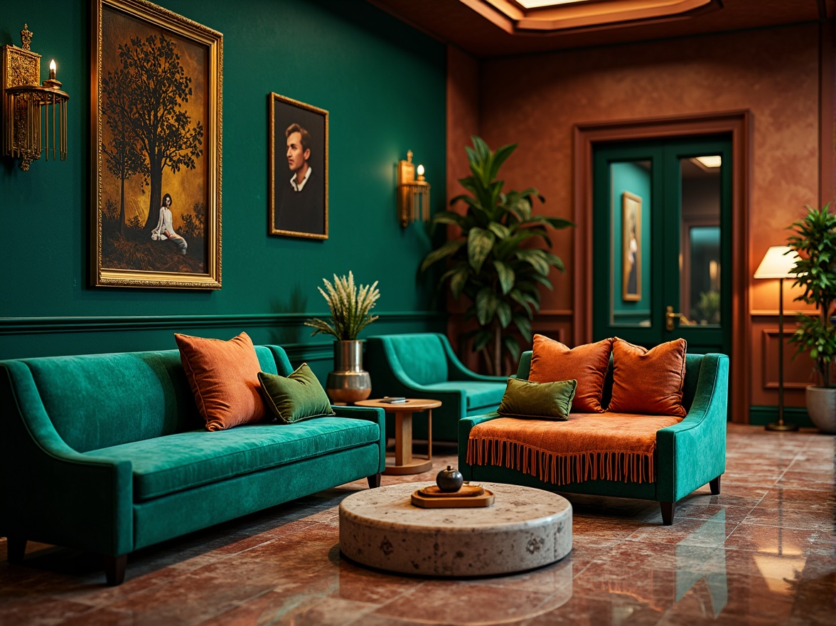 Prompt: Vibrant malachite green, rich copper tones, earthy terracotta hues, bold turquoise accents, luxurious gold details, intricate marble textures, opulent velvet fabrics, dramatic dim lighting, 3/4 composition, shallow depth of field, realistic reflections, ambient occlusion.