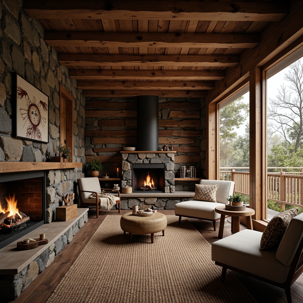 Prompt: Rustic cabin, wooden accents, natural stone walls, earthy color palette, reclaimed wood furniture, vintage metal decorations, woven textiles, distressed finishes, cozy fireplace, warm candlelight, soft blankets, plush rugs, natural fibers, organic shapes, earthy scents, misty morning light, shallow depth of field, 1/1 composition, realistic textures, ambient occlusion.