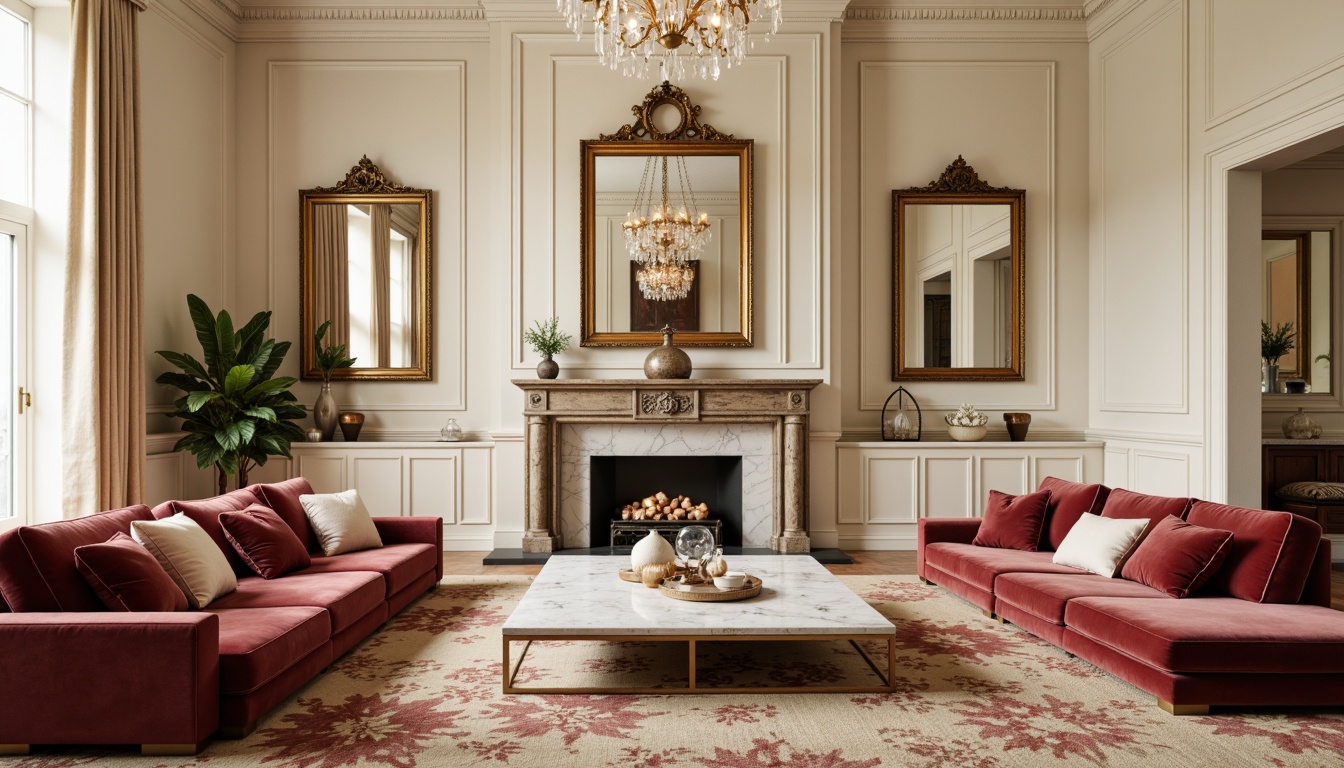 Prompt: Luxurious living room, velvet sofas, marble coffee tables, ornate mirrors, crystal chandeliers, rich wood paneling, plush area rugs, minimalist decor, creamy white walls, gold accents, soft warm lighting, shallow depth of field, 3/4 composition, realistic textures, ambient occlusion.