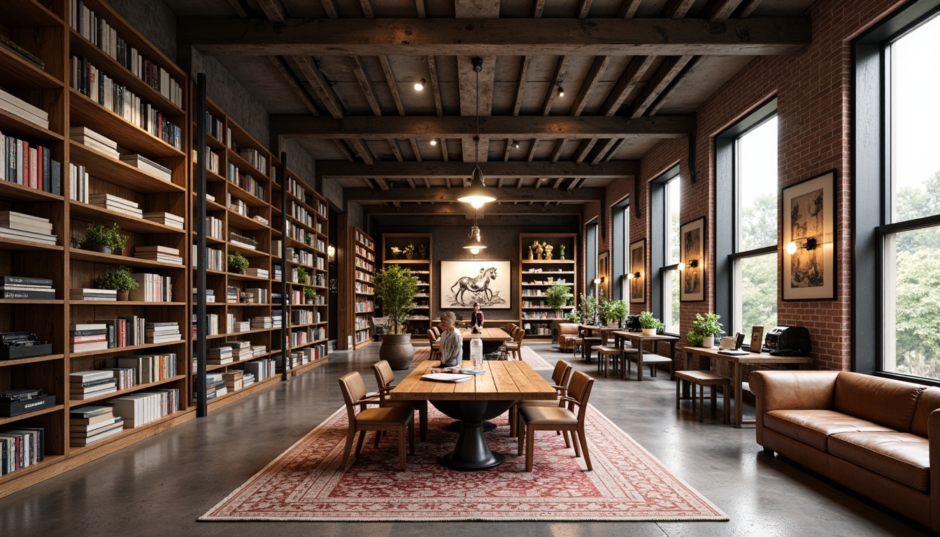 Prompt: Industrial-chic bookstores, Bauhaus-inspired architecture, minimalist wooden shelves, steel beam structures, geometric patterned rugs, leather-bound books, vintage typewriters, eclectic art pieces, reclaimed wood accents, exposed brick walls, modern metal lighting fixtures, cozy reading nooks, floor-to-ceiling windows, natural light pouring in, warm earthy tones, 1/1 composition, shallow depth of field, soft focus, realistic textures.