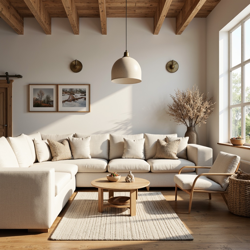 Prompt: Cozy living room, Nordic-inspired furniture, minimalist decor, creamy whites, warm beige tones, soft pastel hues, wooden accents, natural textiles, woven baskets, pendant lamps, spherical shades, industrial metal fixtures, warm ambient lighting, softbox shadows, 1/1 composition, intimate atmosphere, morning sunlight, gentle warm glow, subtle color grading, realistic materials, ambient occlusion.