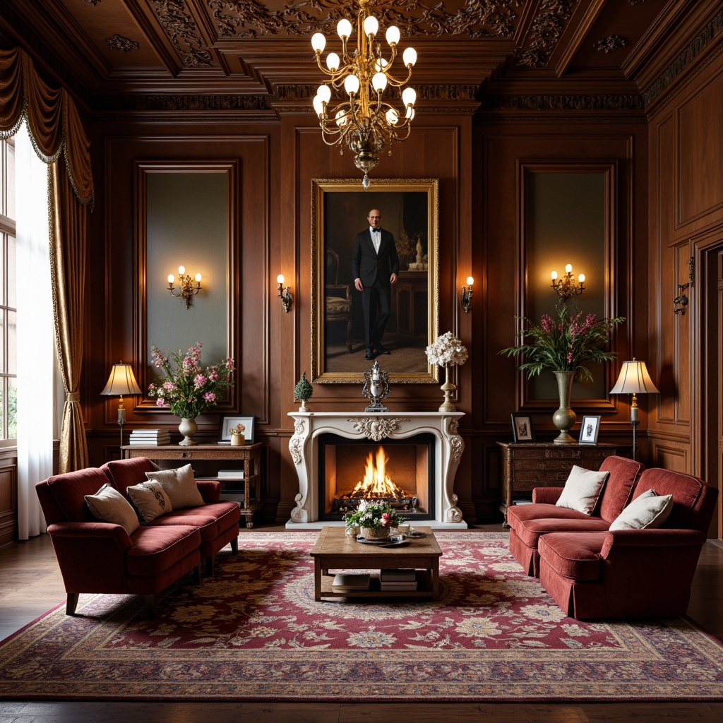 Prompt: Intricate wooden furniture, velvet upholstery, ornate carvings, grand chandeliers, lavish drapery, patterned rugs, rich mahogany tones, opulent fabrics, antique accessories, heavy curtains, tassel details, floral patterns, gilded frames, classic oil paintings, warm candlelight, 1/1 composition, soft focus, realistic textures, ambient occlusion.