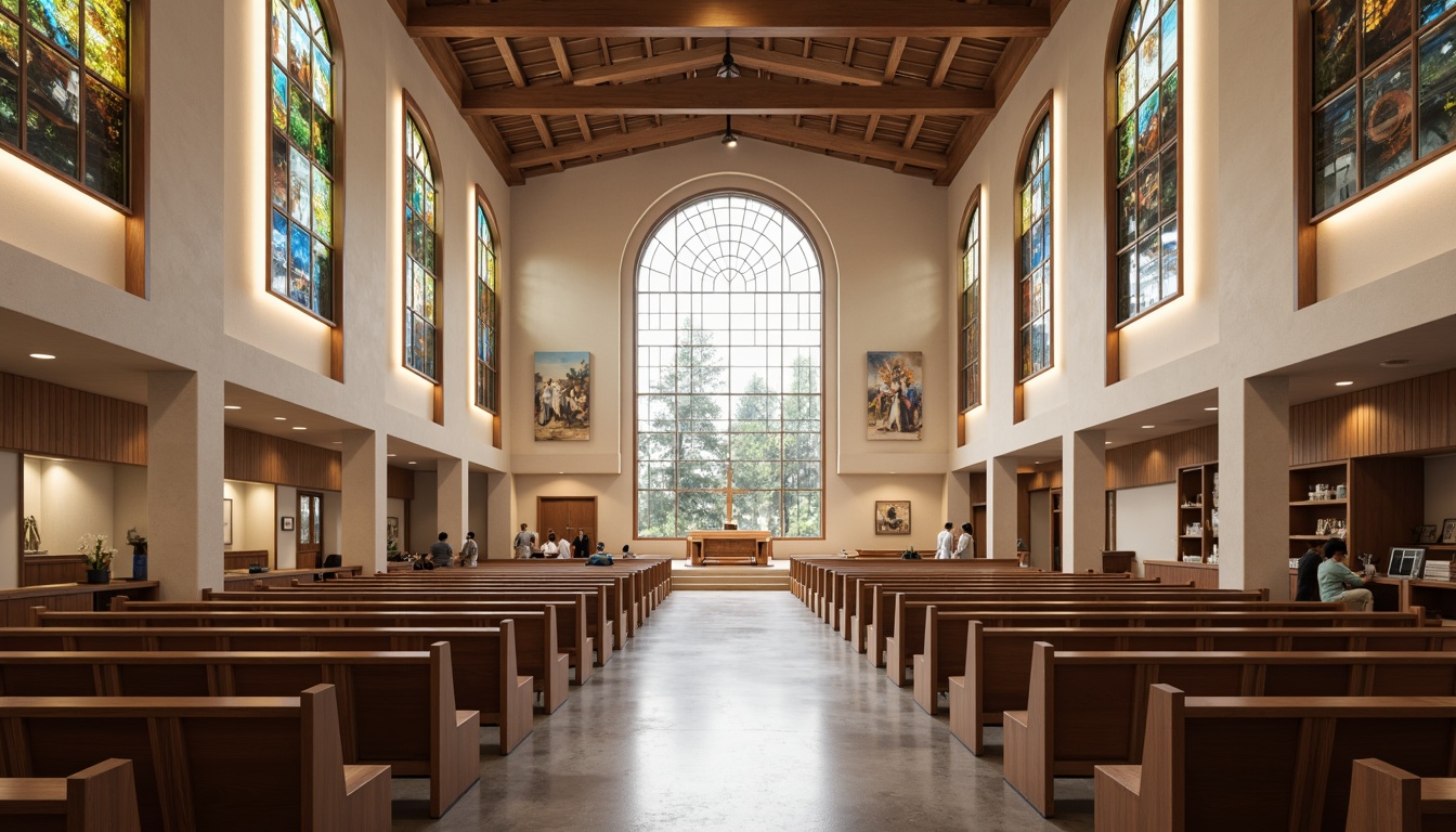 Prompt: Modern church interior, sleek wooden pews, elegant altar, stunning stained glass windows, polished concrete floors, neutral beige walls, subtle LED lighting, minimalist decor, contemporary worship space, open layout, floating shelves, geometric patterns, abstract artwork, fusion of traditional and modern elements, warm ambient lighting, shallow depth of field, 1/1 composition, realistic textures, ambient occlusion.