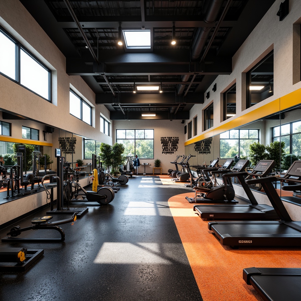 Prompt: Modern home gym, rubber flooring, textured surface, shock-absorbing material, non-slip properties, heavy-duty construction, durable performance, sound-reducing design, vibrant colors, athletic equipment, weightlifting machines, treadmills, exercise bikes, mirrored walls, high ceilings, natural lighting, industrial-style decor, urban aesthetic, motivational quotes, inspirational artwork.