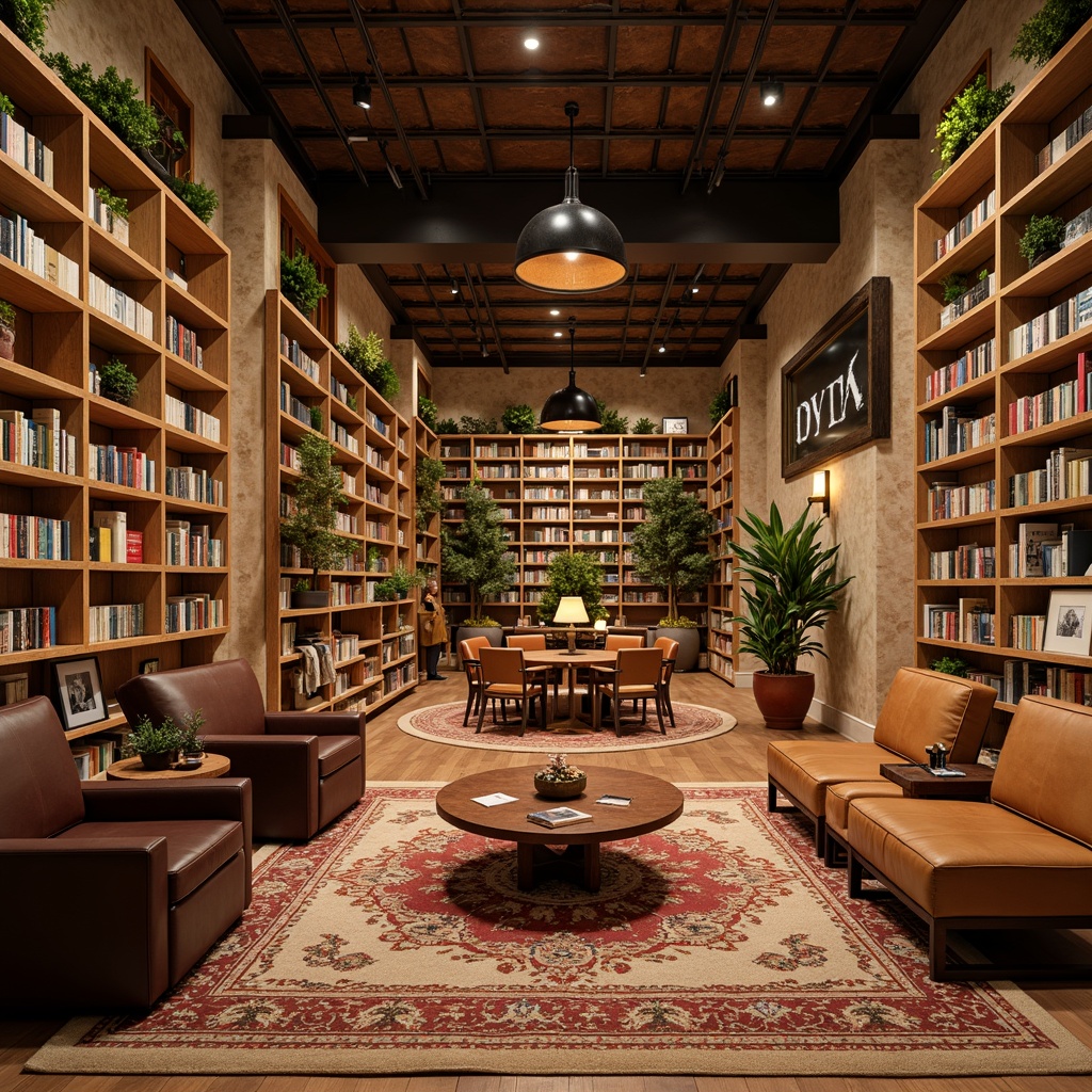 Prompt: Cozy bookstore interior, warm wooden shelves, rich leather armchairs, vintage book collections, soft golden lighting, earthy tone walls, comfortable reading nooks, eclectic decorative objects, plush area rugs, modern minimalist tables, vibrant color accents, bold typography, floor-to-ceiling bookcases, warm beige flooring, intimate atmosphere, relaxed seating areas, natural stone features, industrial metal beams, rustic wooden crates.