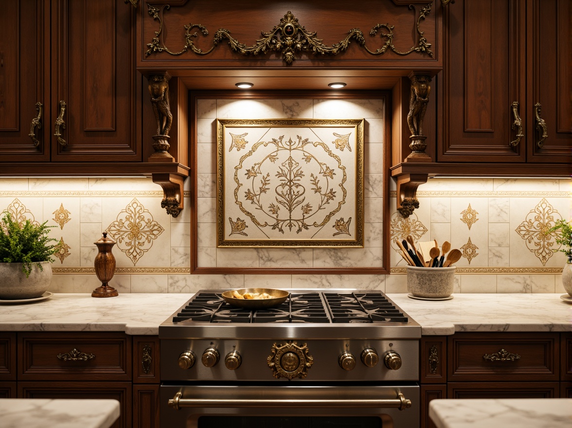 Prompt: Ornate kitchen backsplash, Italian Renaissance inspiration, classic ornamental tiles, golden accents, intricate carvings, marble-like surfaces, subtle texture, soft warm lighting, shallow depth of field, 1/1 composition, realistic reflections, ambient occlusion, elegant cabinetry, rich wood tones, ornate corbels, grand architectural details, luxurious atmosphere, vintage cooking utensils, antique-inspired hardware, sophisticated color palette.