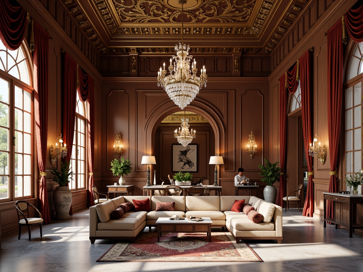 Prompt: Elegant interior space, rich wood tones, ornate moldings, crystal chandeliers, luxurious fabrics, velvet drapes, marble floors, intricate patterns, gilded accents, neoclassical furniture, symmetrical compositions, grand scale, high ceilings, arched windows, subtle color palette, soft warm lighting, ambient shadows, realistic textures, shallow depth of field, 2/3 composition, classicism-inspired ornateness.