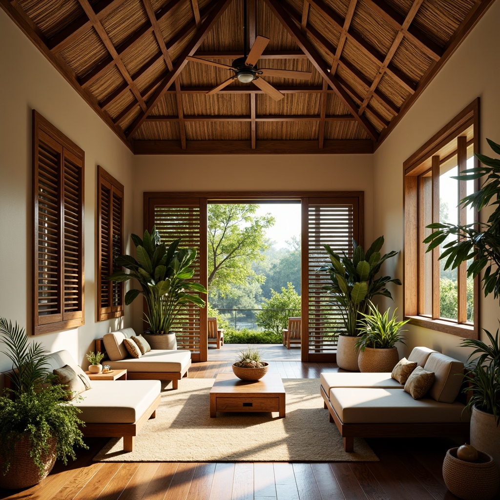 Prompt: Tropical dormitory, natural ventilation, wooden louvers, rattan furniture, woven bamboo ceilings, earthy tones, warm beige walls, large windows, sliding glass doors, lush greenery, potted plants, ceiling fans, gentle breezes, soft diffused lighting, 1/1 composition, shallow depth of field, realistic textures, ambient occlusion.