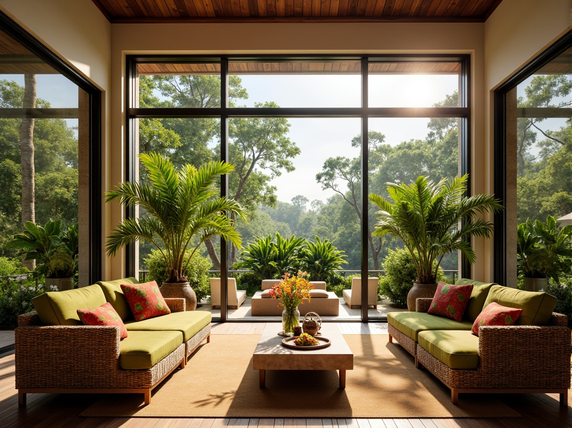 Prompt: Tropical great room, high ceilings, large windows, sliding glass doors, natural light pouring in, warm wooden floors, woven rattan furniture, plush green velvet sofas, vibrant colorful throw pillows, lush greenery, exotic plants, palm trees, bright floral arrangements, sunny day, soft warm lighting, shallow depth of field, 3/4 composition, panoramic view, realistic textures, ambient occlusion.