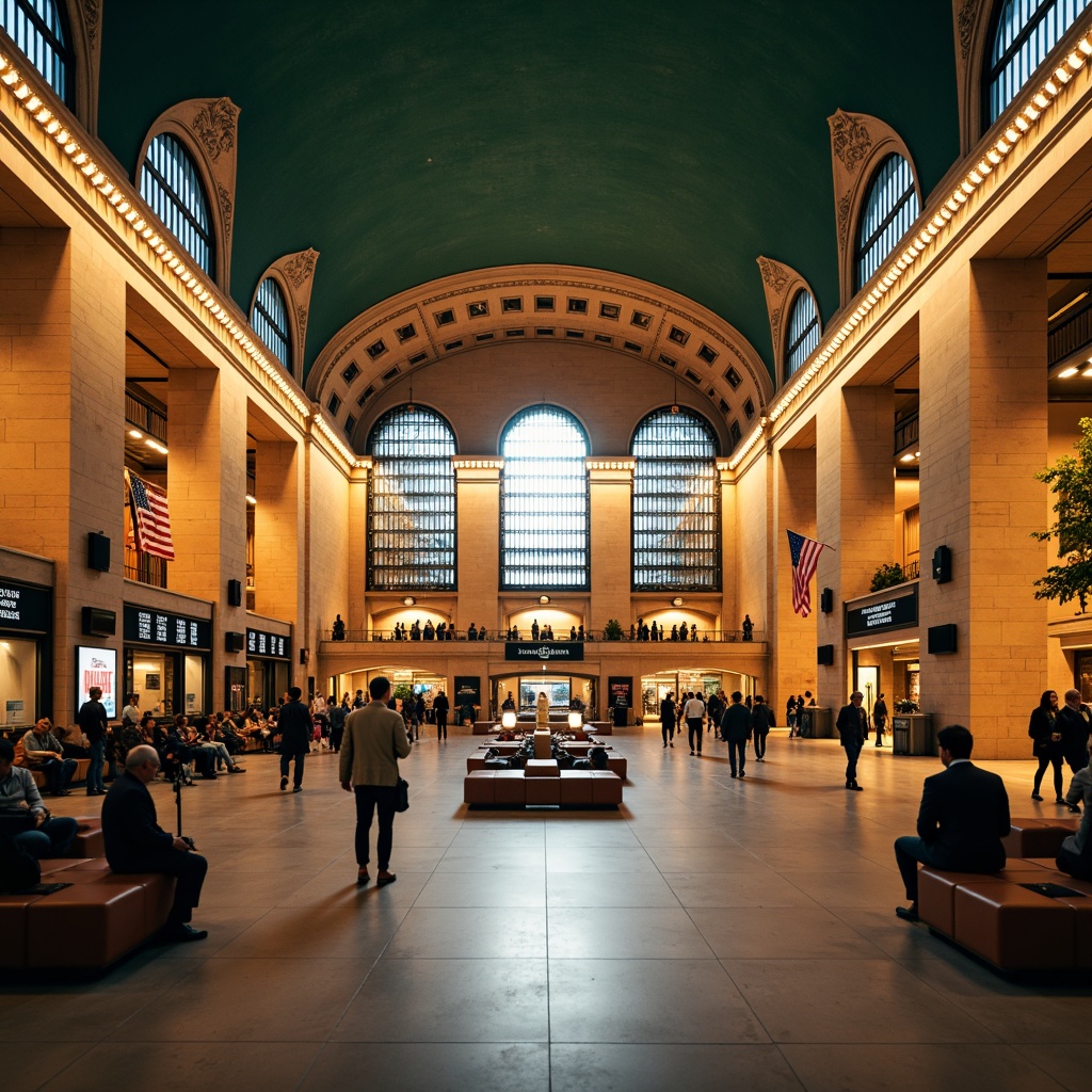 Prompt: Grand train station, high ceilings, ornate chandeliers, vintage luggage racks, wooden benches, classic clock towers, intricate stonework, academic architectural style, warm golden lighting, soft diffused glow, modern LED fixtures, sleek metal frames, suspended linear lights, exposed ductwork, polished marble floors, elegant staircases, large windows, natural light pouring in, urban cityscape, busy commuters, morning rush hour, shallow depth of field, 1/2 composition, realistic textures, ambient occlusion.