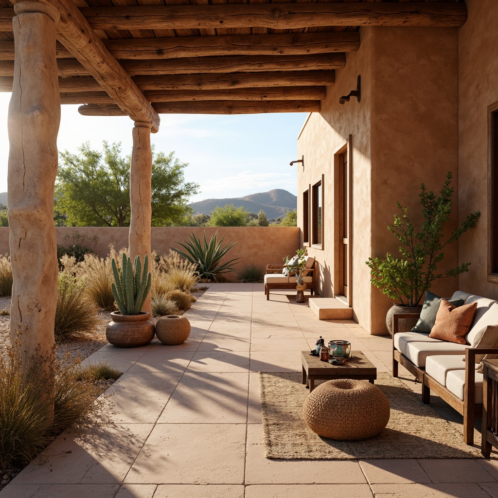 Prompt: Warm wooden accents, southwestern-inspired decor, earthy tones, rustic textures, natural materials, reclaimed wood, wooden beams, adobe-style architecture, desert landscape, cacti plants, vibrant turquoise hues, sandy dunes, warm sunny day, soft diffused lighting, shallow depth of field, 3/4 composition, realistic textures, ambient occlusion.