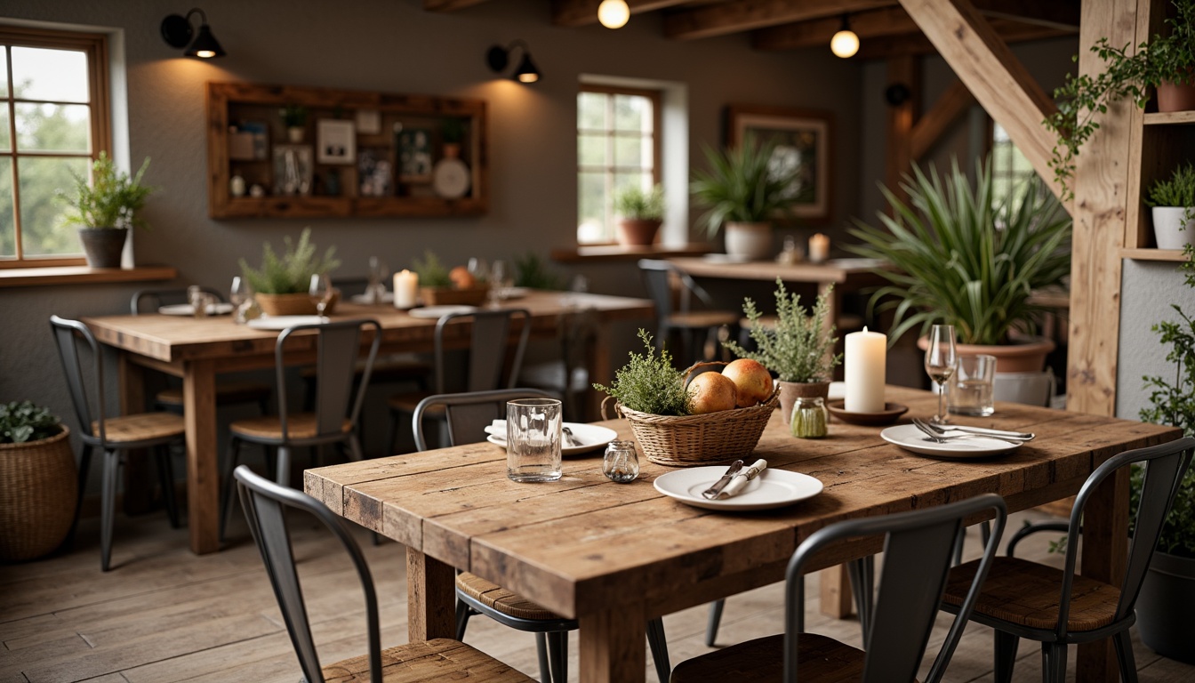 Prompt: Rustic wooden tables, vintage metal chairs, distressed finishes, natural fabrics, earthy color palette, farmhouse decor, candles and lanterns, stone walls, exposed beams, reclaimed wood accents, woven baskets, potted greenery, soft warm lighting, shallow depth of field, 1/2 composition, realistic textures, ambient occlusion.