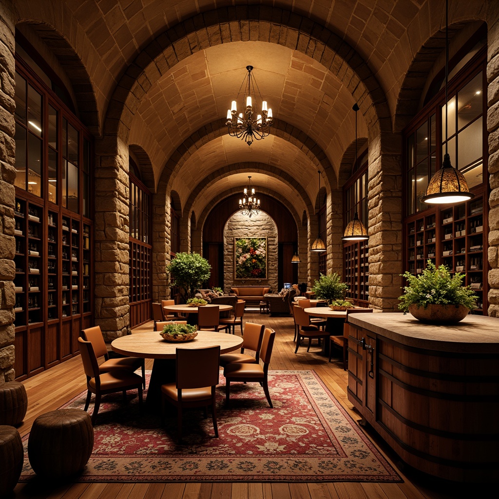 Prompt: Luxurious wine cellar, dimly lit ambiance, rich wood tones, stone walls, elegant chandeliers, ornate metalwork, lavish furnishings, plush carpets, sophisticated color palette, subtle LED lighting, ambient temperature control, rustic wooden barrels, glass-enclosed wine racks, modern minimalist shelving, aged brick archways, dramatic ceiling heights, opulent textures, warm intimate atmosphere, soft focus photography, 1/2 composition, warm golden lighting.