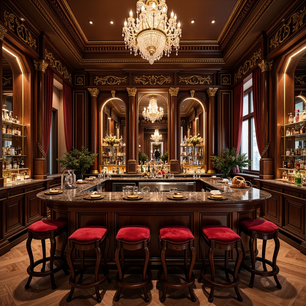 Prompt: Ornate home bar, lavish wooden cabinetry, intricate carvings, gilded accents, velvet upholstery, rich jewel tones, ornamental mirrors, crystal chandeliers, luxurious marble countertops, curved legs, tufted stools, antique bronze hardware, dramatic drapery, warm golden lighting, soft focus, 1/1 composition, intimate atmosphere, realistic reflections.