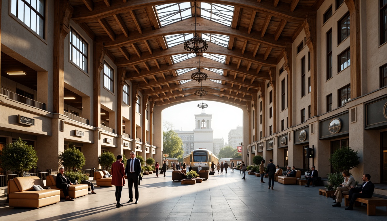 Prompt: Grand train station, high ceilings, ornate chandeliers, wooden beams, natural stone walls, academic-inspired architecture, symmetrical columns, vintage luggage racks, classic clock towers, intricate metalwork, warm ambient lighting, shallow depth of field, 1/1 composition, realistic textures, ambient occlusion, modern minimalist furniture, comfortable waiting areas, ample natural light, urban cityscape views, bustling atmosphere, morning rush hour, soft warm glow.