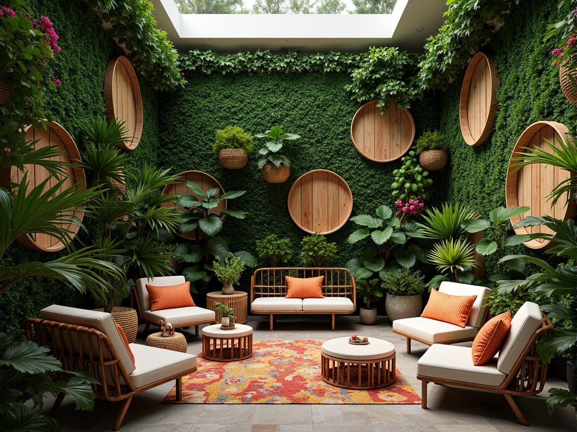 Prompt: Lush green walls, exotic plants, natural wood accents, woven rattan furniture, vibrant colorful textiles, organic shapes, earthy tones, tropical flowers, palms trees, bamboo elements, water features, misting systems, warm soft lighting, shallow depth of field, 3/4 composition, panoramic view, realistic textures, ambient occlusion, cozy reading nooks, comfortable seating areas, natural ventilation systems, eco-friendly materials, sustainable design solutions.