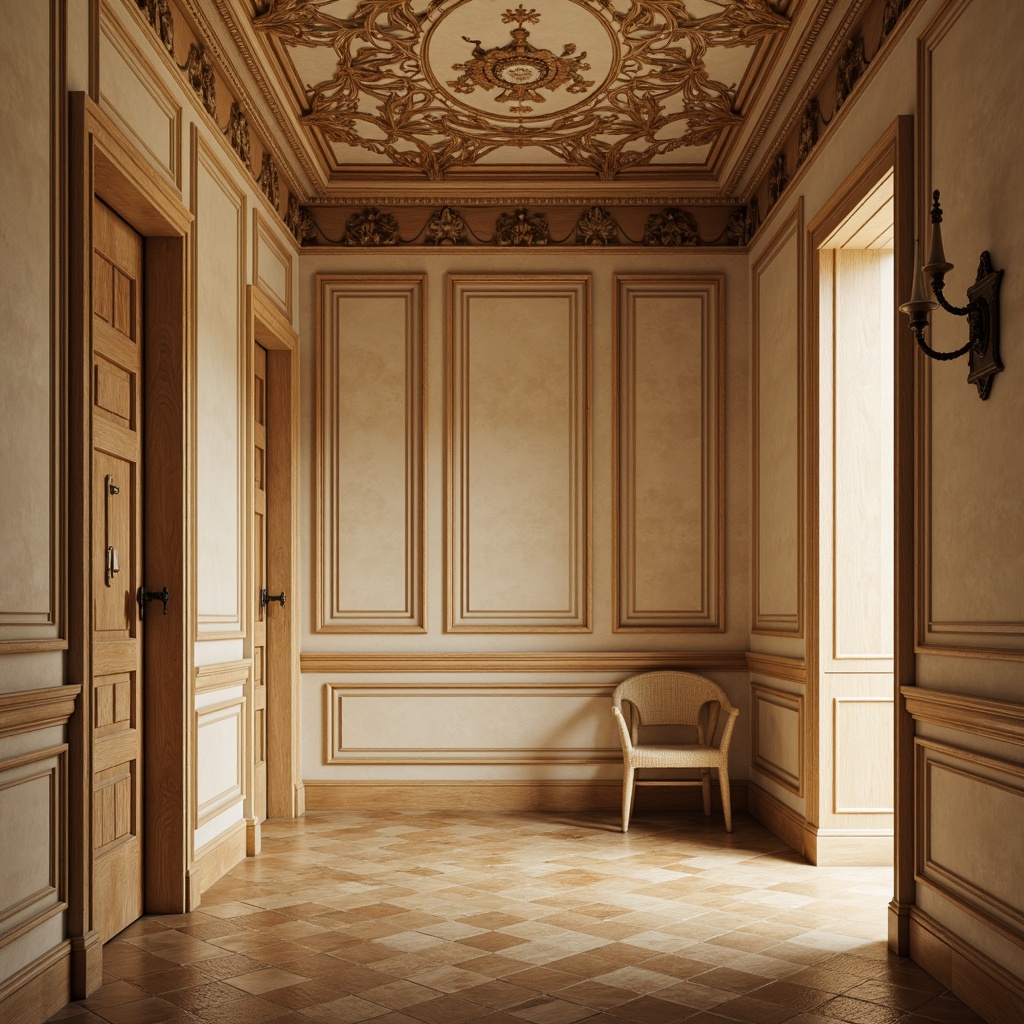 Prompt: Warm beige walls, ornate molding, classic paneling, rich wood tones, soft cream colors, elegant fresco ceilings, subtle texture patterns, refined decorative trim, vintage-inspired wallpaper, distressed finishes, rustic wooden accents, cozy atmospheric lighting, shallow depth of field, 1/2 composition, realistic renderings, ambient occlusion.