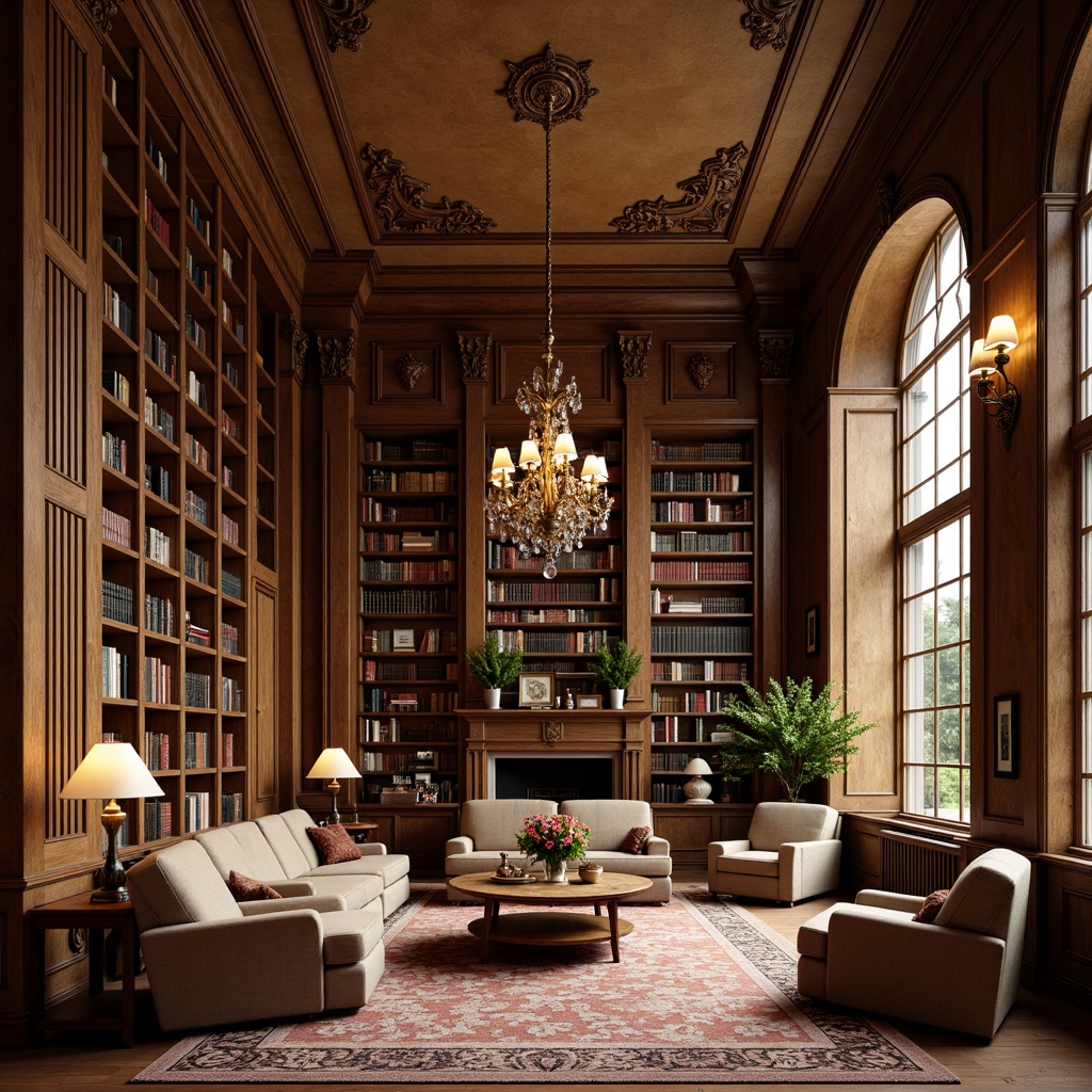 Prompt: Traditional library interior, rich wood tones, ornate moldings, grand chandeliers, comfortable reading nooks, classic bookshelves, intricate carvings, warm beige walls, plush area rugs, wooden ladder bookcases, vintage globe lamps, leather-bound tomes, quiet studious atmosphere, soft natural lighting, shallow depth of field, 1/1 composition, realistic textures, ambient occlusion.