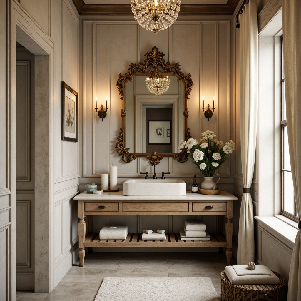 Prompt: Rustic powder room, distressed wood accents, soft beige walls, ornate mirrors, elegant chandeliers, floral patterns, lace trimmings, velvet fabrics, subtle sheen, natural fibers, linen textures, gentle folds, vintage inspirations, French provincial influences, warm cream colors, inviting ambiance, delicate furnishings, antique hardware, porcelain fixtures, soft candlelight, 1/2 composition, intimate atmosphere, realistic rendering.