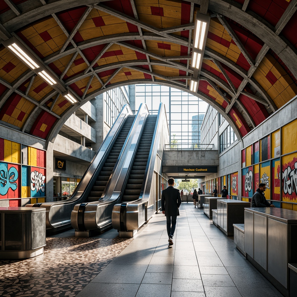 Prompt: Vibrant metro station, eclectic style, exposed concrete ceilings, industrial metal beams, reclaimed wood accents, geometric patterned tiles, colorful graffiti murals, urban chic atmosphere, modern LED lighting, stainless steel railings, sleek glass partitions, futuristic escalators, dynamic curves, abstract shapes, high-contrast color schemes, metallic sheen finishes, reflective surfaces, textured concrete walls, brutalist architecture, urban renewal vibe, afternoon sunlight, shallow depth of field, 1/2 composition, wide-angle lens.