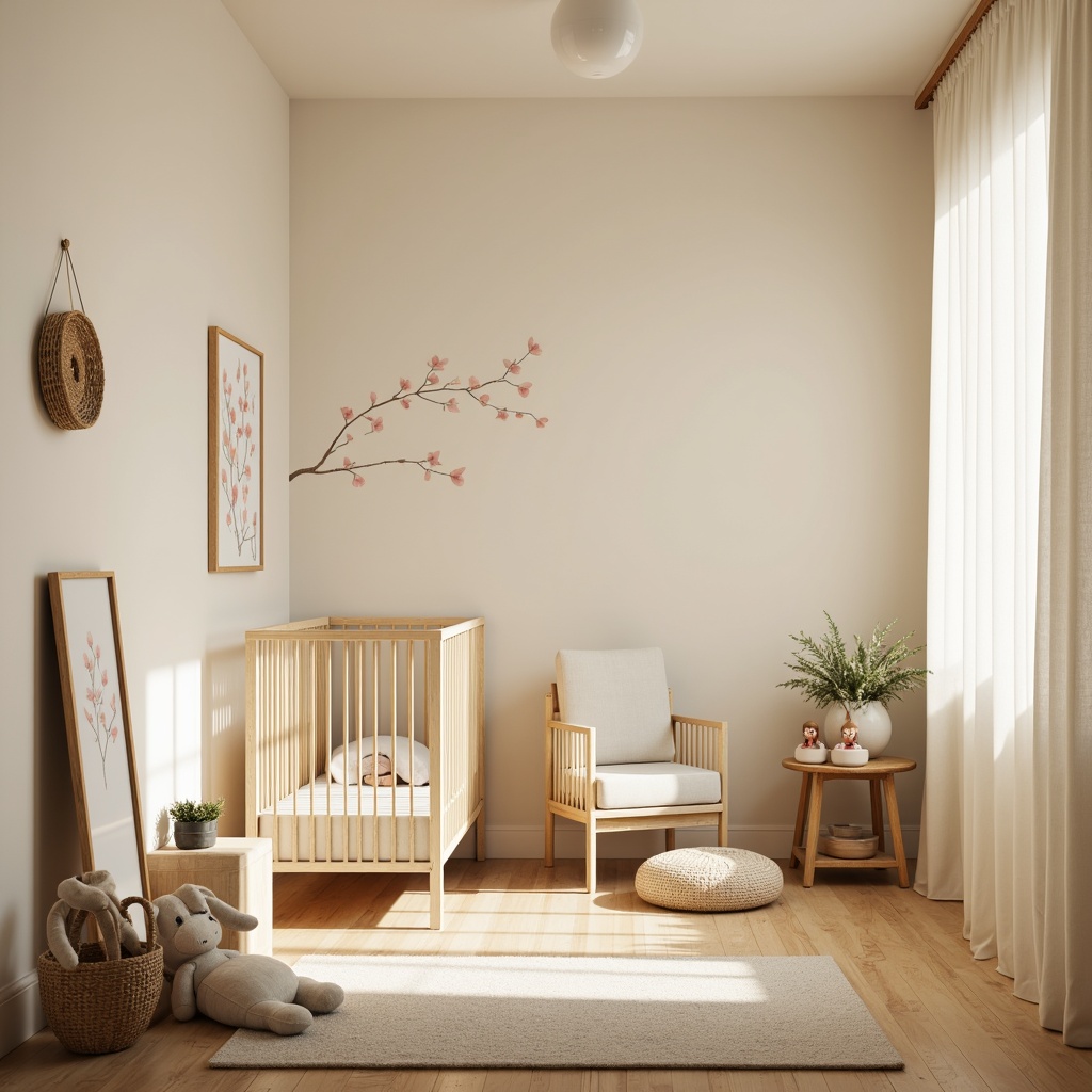 Prompt: Serene baby room, soft cream walls, warm beige flooring, natural wood crib, plush toys, gentle lantern lighting, minimal decor, low-seating furniture, woven bamboo baskets, traditional Asian-inspired motifs, subtle cherry blossom patterns, creamy white curtains, delicate silk fabrics, peaceful ambiance, shallow depth of field, 1/1 composition, intimate view, realistic textures, ambient occlusion.