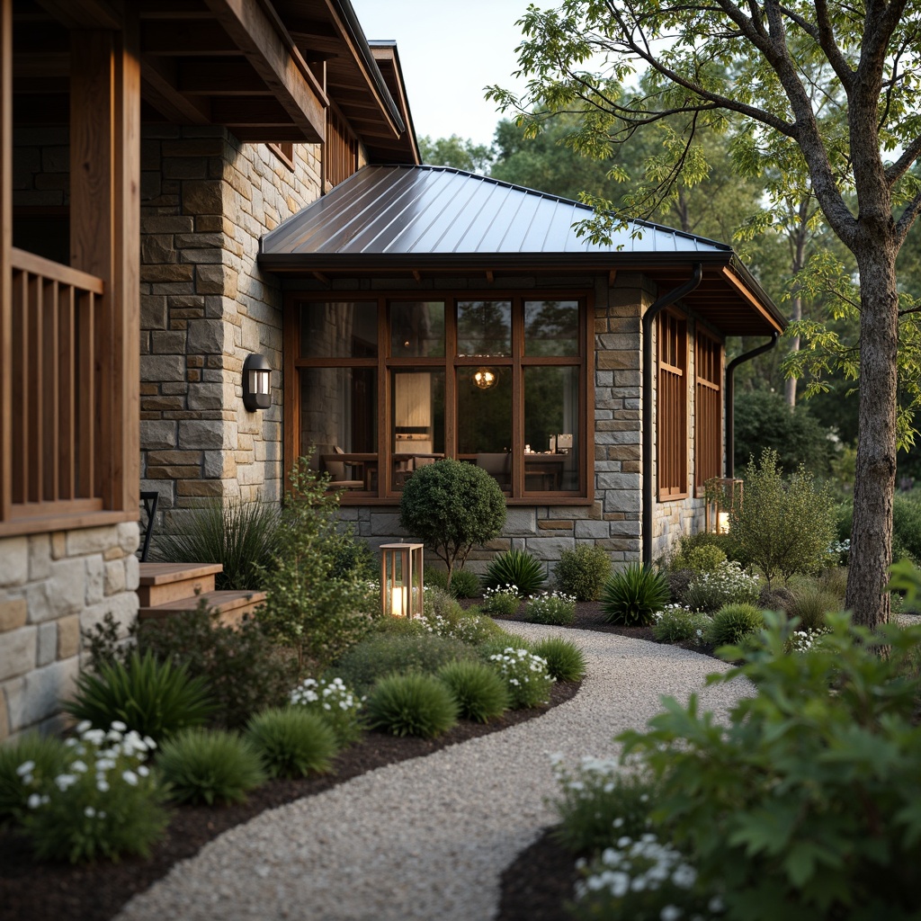 Prompt: Rustic residential exterior, natural stone walls, wooden accents, earthy color palette, rough-hewn timber frames, distressed wood textures, vintage metal roofs, lush greenery, wildflower gardens, winding gravel pathways, lantern-style outdoor lighting, warm ambient glow, soft focus photography, 1/2 composition, shallow depth of field, realistic weathered effects.