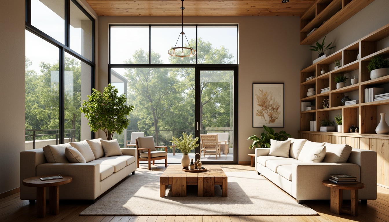 Prompt: Cozy living room, plush sofas, rustic wooden coffee table, vibrant greenery, floor-to-ceiling windows, natural sunlight, warm beige walls, modern minimalist decor, comfortable accent chairs, soft pastel-colored rugs, elegant chandeliers, intimate conversation areas, flexible seating arrangements, collaborative workspaces, built-in shelving units, rich wood tones, subtle textures, atmospheric lighting, 1/2 composition, shallow depth of field, realistic reflections.