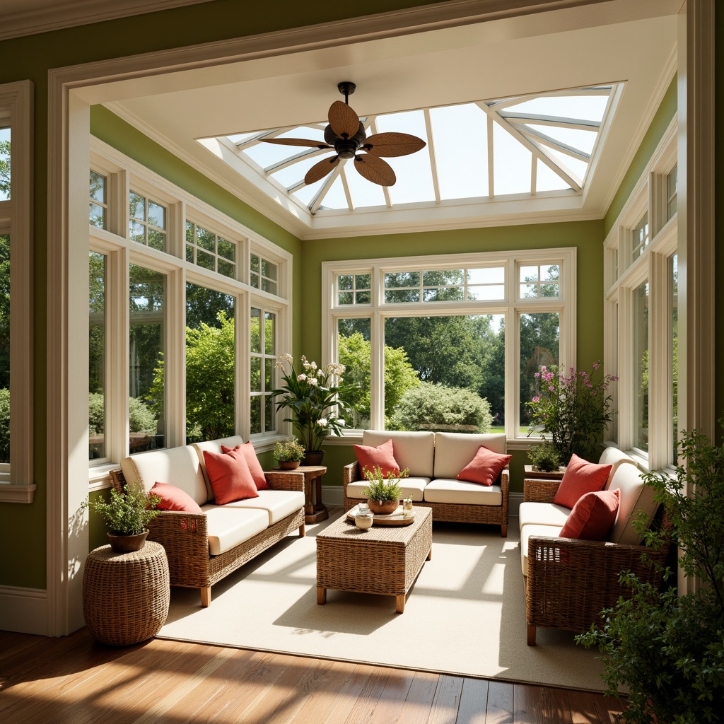 Prompt: Warm sunroom, natural light, bright skylight, comfortable seating, woven wicker furniture, soft cushions, calming color palette, earthy tones, sage green walls, creamy white trim, warm beige floors, rich wood accents, vibrant coral throw pillows, lush greenery, blooming flowers, serene atmosphere, gentle afternoon sunlight, soft warm lighting, shallow depth of field, 3/4 composition, realistic textures, ambient occlusion.