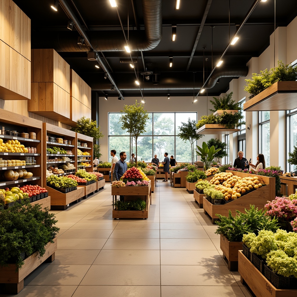 Prompt: Vibrant grocery store, warm beige walls, rich wood accents, fresh green produce stands, colorful fruit displays, inviting earthy tones, natural stone flooring, modern metal shelving, clean white signage, bright LED lighting, shallow depth of field, 1/1 composition, realistic textures, ambient occlusion, busy shopping atmosphere, lively chatter sounds.