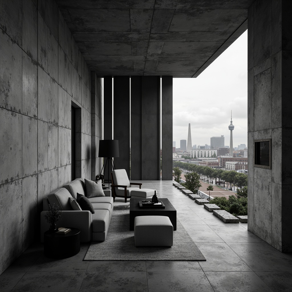 Prompt: Monochromatic brutalist interior, exposed concrete walls, raw industrial materials, rugged textures, distressed finishes, minimalist decor, cold atmospheric lighting, dramatic shadows, bold geometric shapes, functional furniture, metal accents, urban landscape views, overcast sky, moody ambiance, high contrast ratio, cinematic composition, realistic rendering.