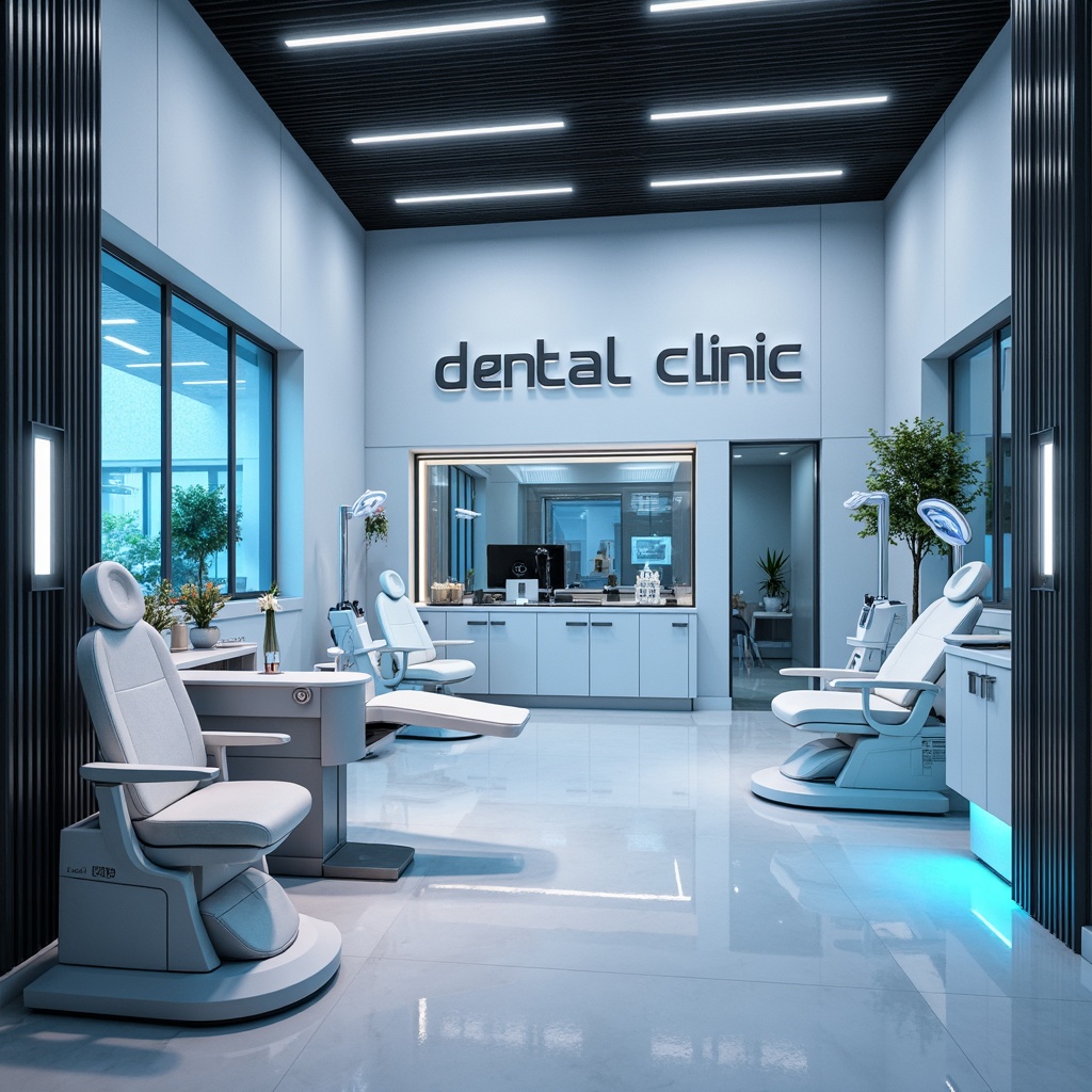 Prompt: Futuristic dental clinic, sleek metal exterior, neon lights, holographic signage, minimalist interior design, glossy white floors, modern ergonomic furniture, advanced medical equipment, LED light therapy, ambient occlusion, softbox lighting, 3/4 composition, shallow depth of field, panoramic view, realistic textures, futuristic patient chairs, high-tech dental tools, virtual reality relaxation systems, calming blue accents, sterilized surfaces, automated sliding doors, minimalist waiting area, natural stone reception desk.