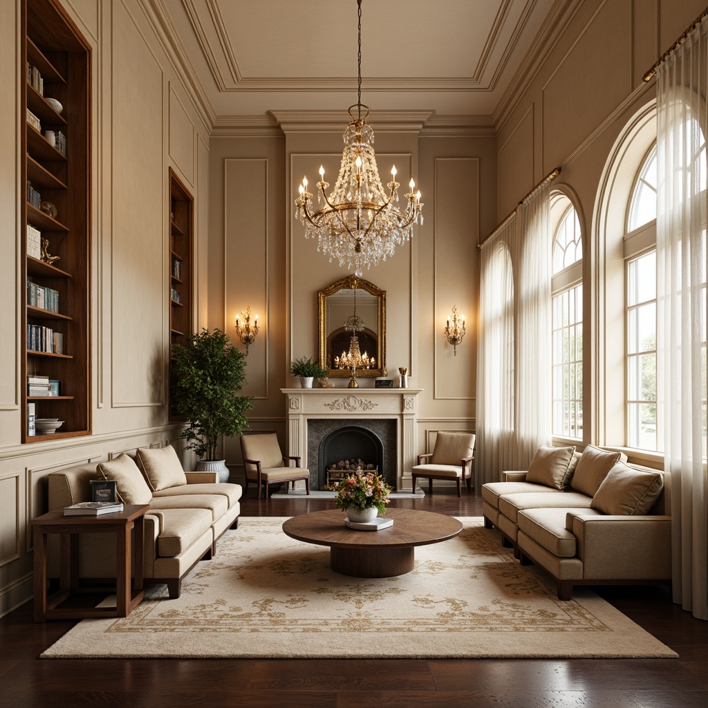 Prompt: Richly ornamented interior space, warm beige walls, soft cream accents, luxurious dark wood furniture, metallic gold hardware, plush velvet upholstery, subtle patterned rugs, elegant crystal chandeliers, natural light pouring in, large windows, sheer white curtains, calming atmosphere, soft focus, shallow depth of field, 1/1 composition, warm and inviting color scheme.