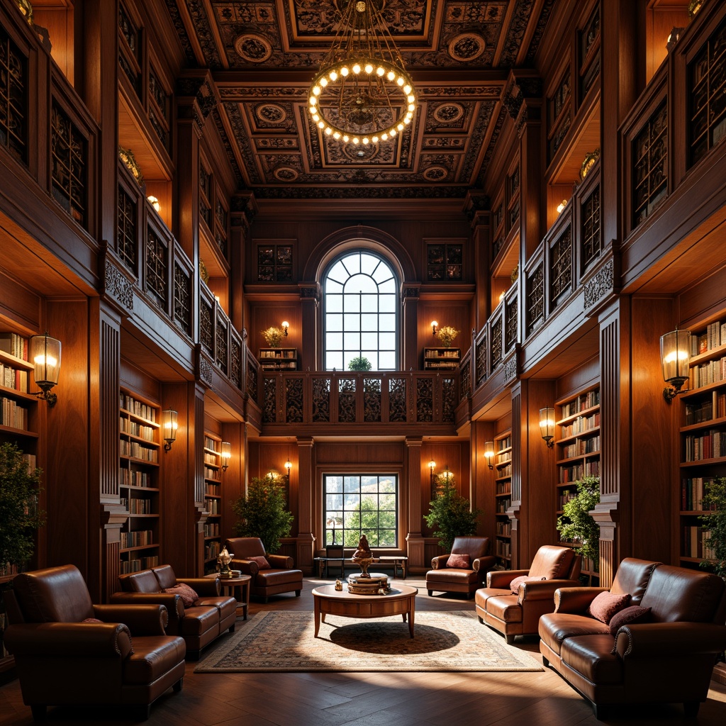 Prompt: Richly ornamented library interior, warm wooden shelving units, classic traditional architecture, grand reading rooms, comfortable leather armchairs, floor lamps, intricately carved wooden paneling, stained glass windows, ornate ceiling details, elegant chandeliers, soft warm lighting, shallow depth of field, 1/1 composition, realistic textures, ambient occlusion.