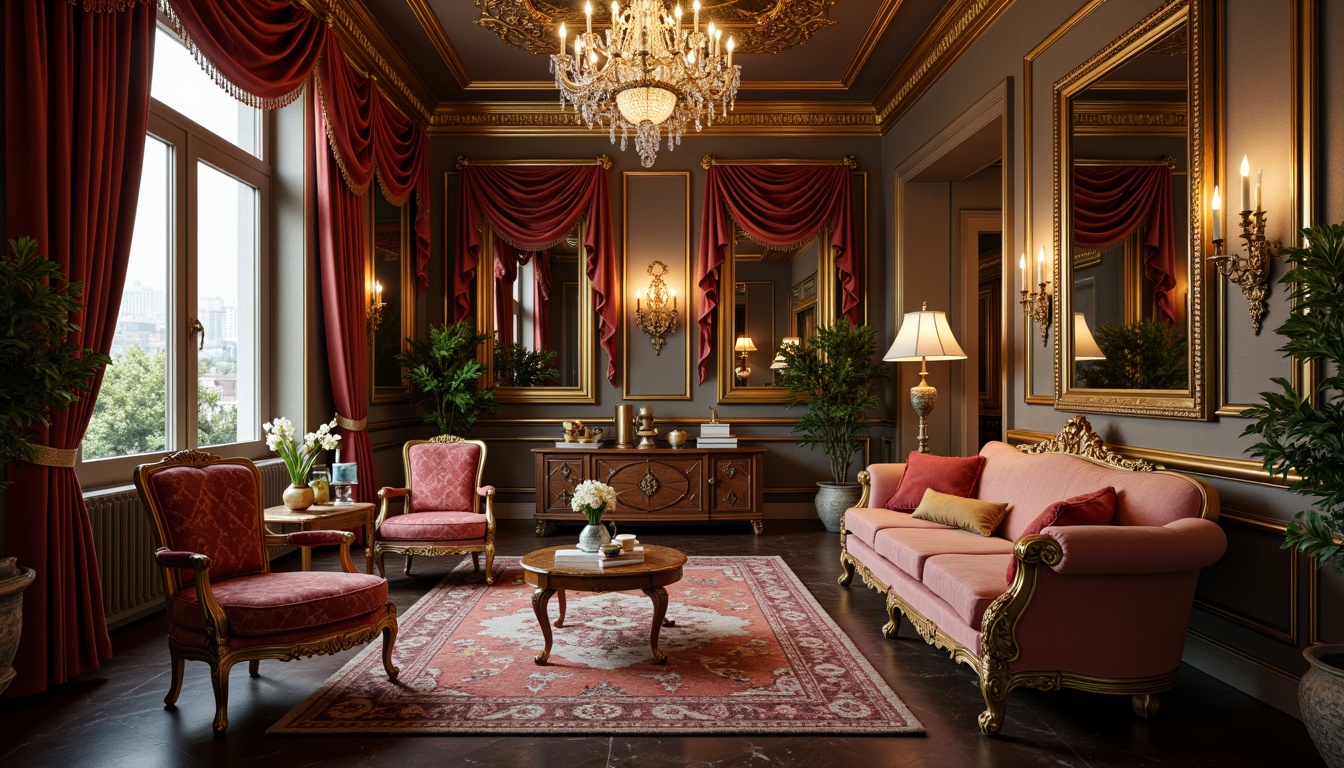 Prompt: Luxurious apartment interior, ornate Baroque furniture, gilded wooden frames, velvet upholstery, intricate carvings, ornamental mirrors, crystal chandeliers, marble floors, rich tapestries, regal color palette, golden accents, soft warm lighting, shallow depth of field, 2/3 composition, intimate atmosphere, lavish decorations, antique accessories, curvaceous lines, grandiose proportions.