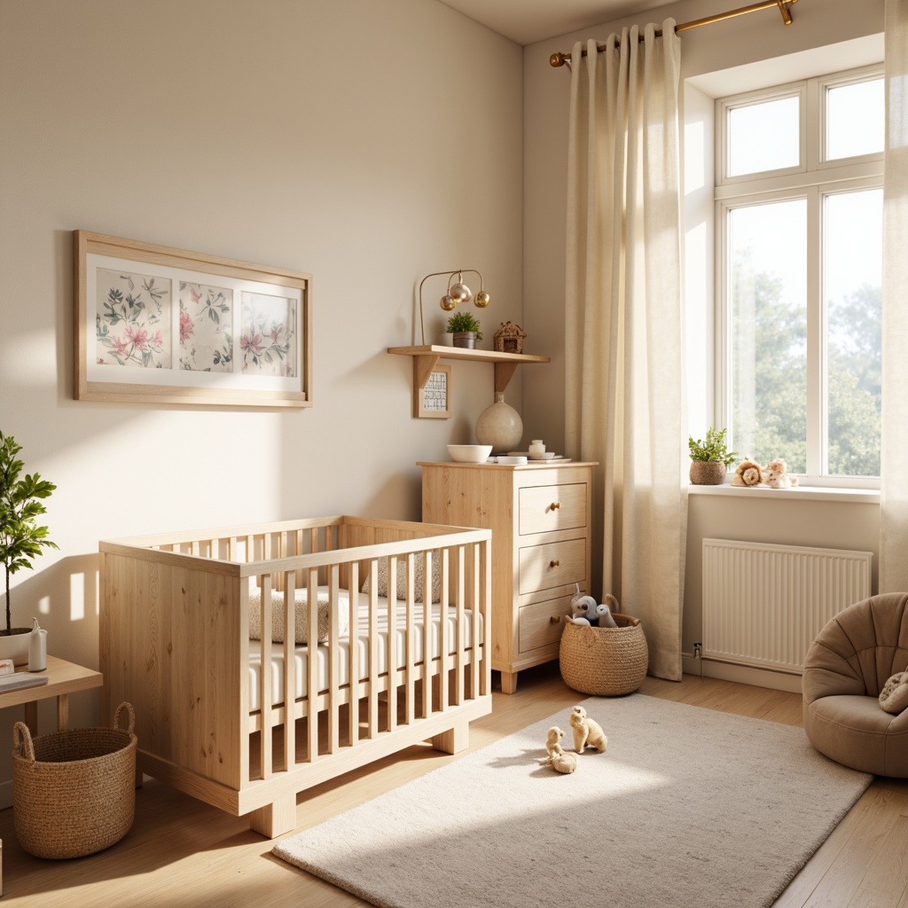 Prompt: Soft pastel colors, baby-friendly furniture, plush toys, gentle lighting, warm beige walls, crib with soft bedding, mobiles with soothing music, changing table with storage, baby monitor with clear video, electrical outlet covers, secure flooring, non-slip mats, rounded corners, safety gates at doors, breathable curtains, natural wood accents, cozy reading nook, peaceful ambiance, morning sunlight, warm white lighting, shallow depth of field, 1/1 composition, realistic textures.