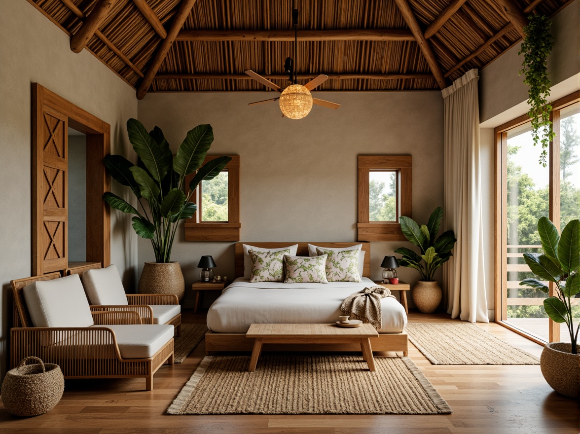 Prompt: Tropical bedroom, natural wood furniture, woven bamboo accents, rattan chairs, leaf-patterned textiles, earthy tone walls, reclaimed wood floors, jute rugs, potted palm trees, hanging vines, soft warm lighting, shallow depth of field, 1/1 composition, cozy intimate atmosphere, organic shapes, woven fibers, natural fabrics, calming color palette, serene ambiance.