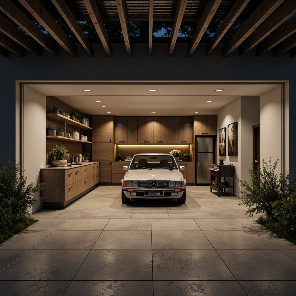 Prompt: Cozy family garage, minimalist decor, neutral color palette, industrial metal beams, polished concrete floors, functional storage systems, sleek shelving units, subtle LED lighting, warm ambient glow, soft shadows, 1/1 composition, high contrast ratio, dramatic spotlighting, realistic reflections, atmospheric fog effect.