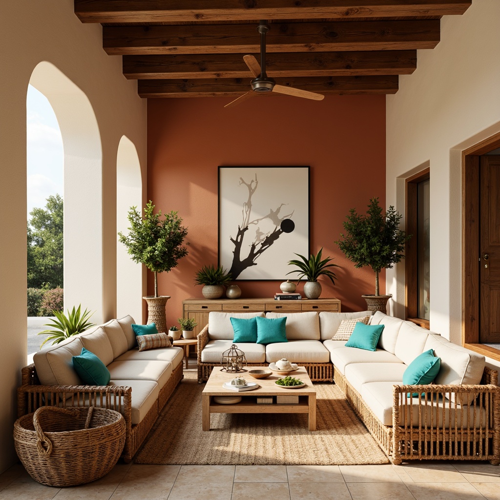 Prompt: Warm Mediterranean family room, earthy terracotta walls, soft creamy whites, gentle turquoise accents, rich walnut wood tones, plush beige upholstery, natural linen fabrics, woven rattan furniture, lush greenery plants, warm golden lighting, shallow depth of field, 1/1 composition, cozy atmosphere, rustic charm.