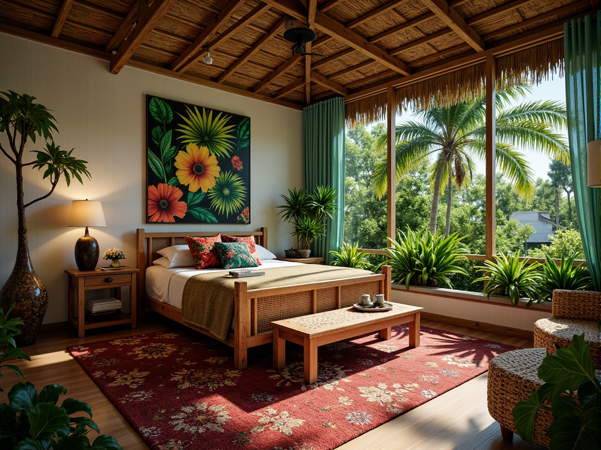 Prompt: Vibrant tropical bedroom, lush greenery, exotic floral patterns, bold colored textiles, natural fibers, woven rattan furniture, carved wooden accents, plush area rugs, soft warm lighting, shallow depth of field, 3/4 composition, panoramic view, realistic textures, ambient occlusion.