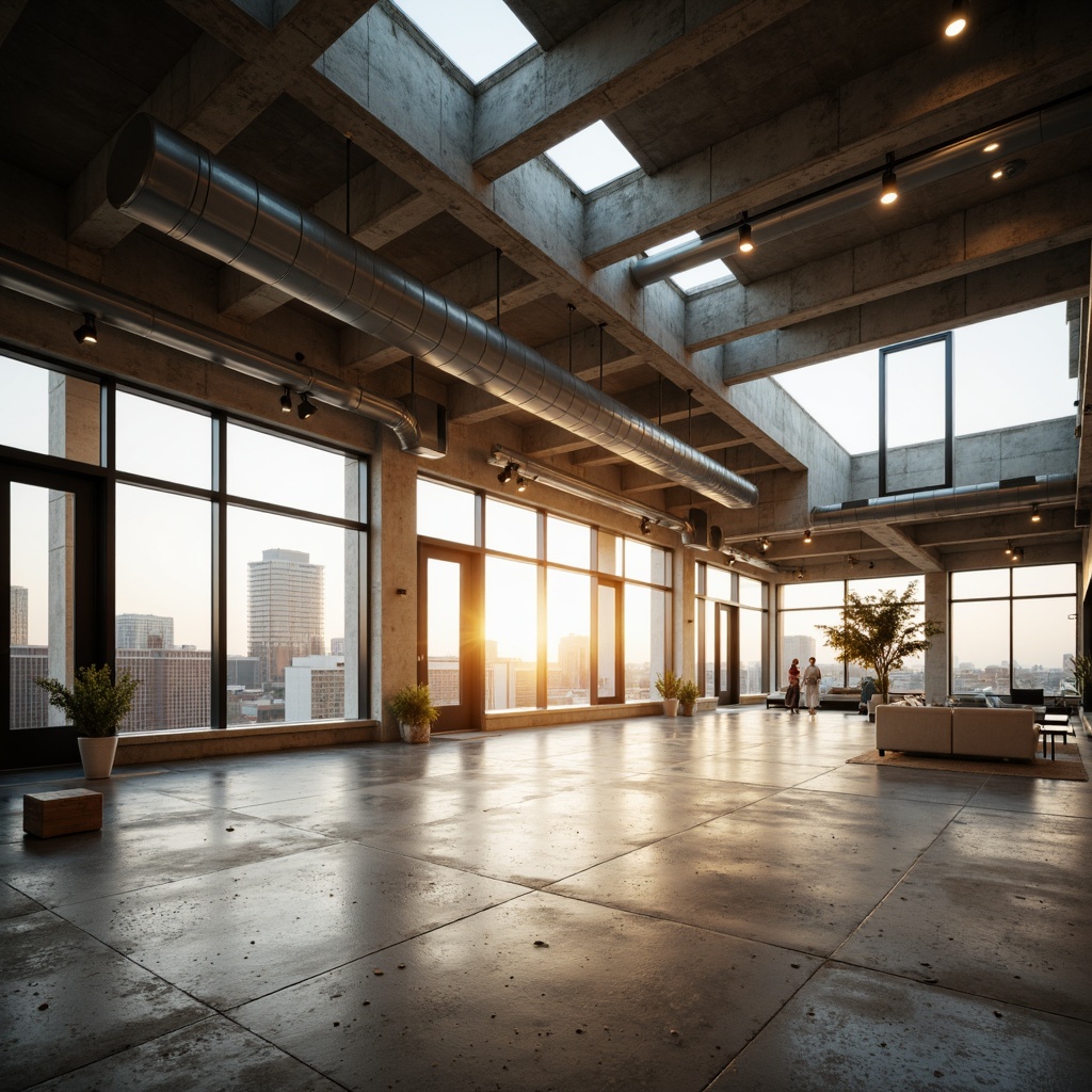 Prompt: Minimalist interior, large windows, clerestory windows, skylights, open floor plans, natural ventilation, reflective surfaces, polished concrete floors, exposed ductwork, industrial-chic decor, urban loft atmosphere, morning sunlight, warm golden lighting, shallow depth of field, 1/1 composition, panoramic view, realistic textures, ambient occlusion.