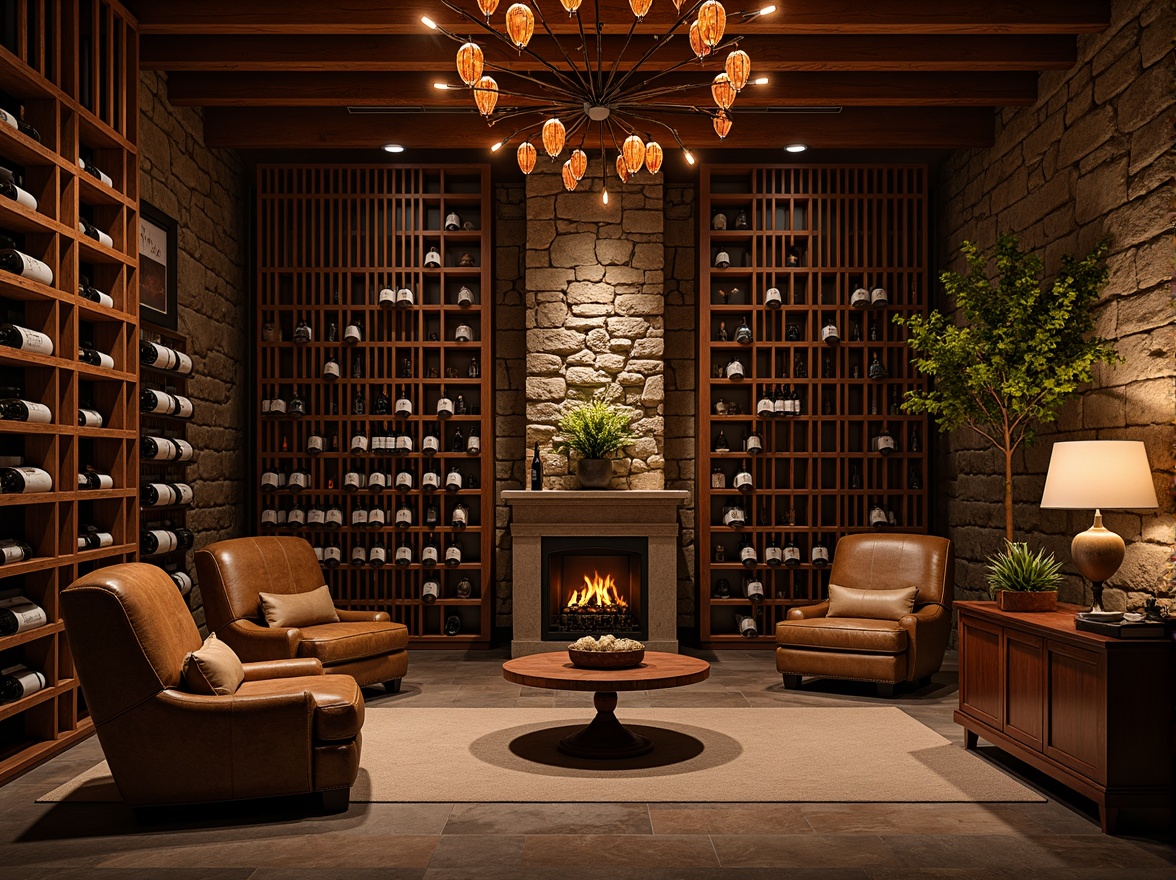 Prompt: Luxurious wine cellar, rich wood accents, dimmable LED lighting, warm ambient glow, rustic stone walls, elegant metal racks, temperature-controlled environment, soft focus spotlights, subtle floor illumination, dramatic ceiling fixtures, ornate chandeliers, cozy seating areas, intimate atmosphere, sophisticated color palette, high-end finishes, refined textures, 3/4 composition, shallow depth of field, realistic reflections.