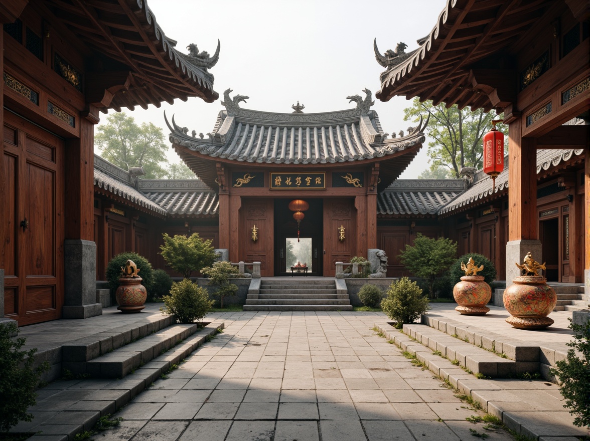 Prompt: Ancient Chinese temple, intricately carved wooden doors, ornate roof tiles, majestic stone lions, vibrant red lanterns, delicate ceramic vases, ornamental golden dragons, imposing granite pillars, symmetrical courtyard layout, serene natural surroundings, misty morning atmosphere, soft warm lighting, shallow depth of field, 1/2 composition, realistic textures, ambient occlusion.