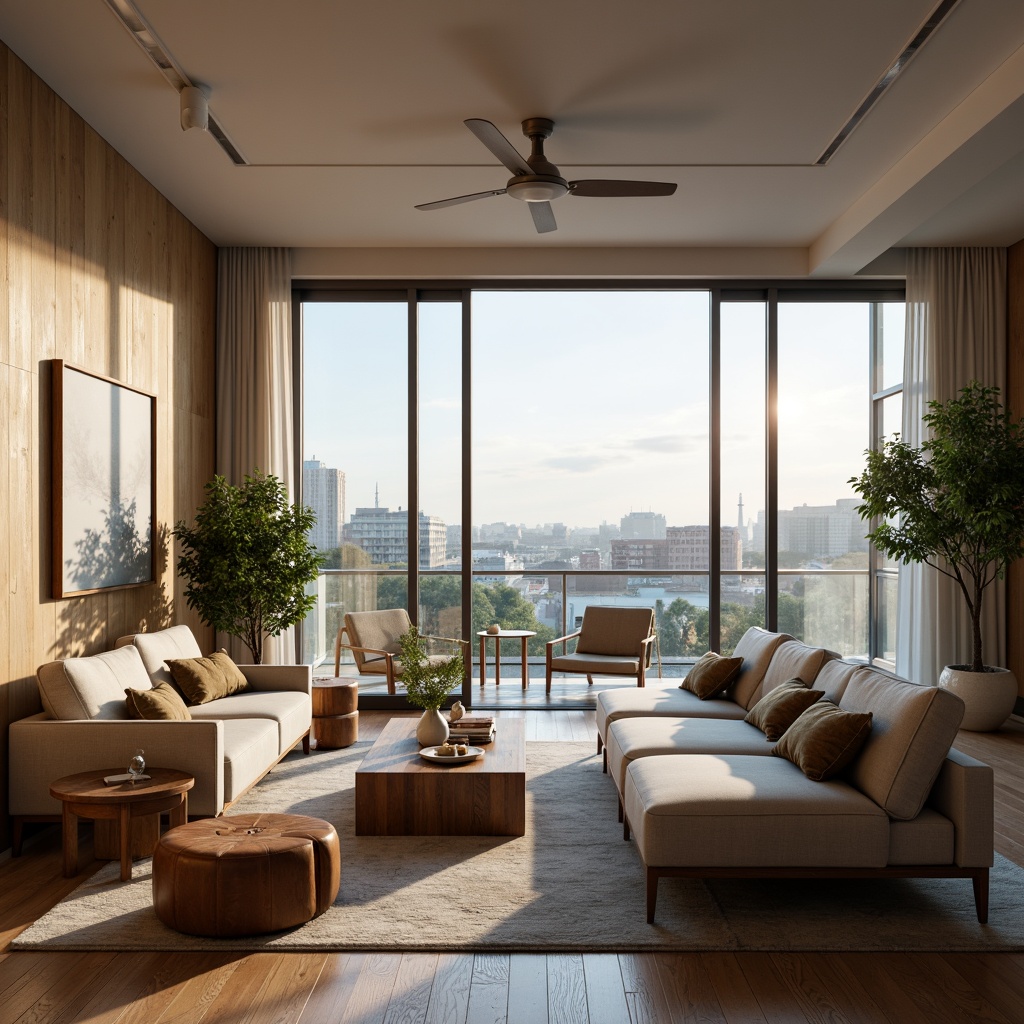 Prompt: Modern living room, sleek furniture, minimalist decor, functional layout, comfortable seating, wooden coffee table, plush sofas, floor lamps, natural textiles, earthy color palette, abundant natural light, large windows, sliding glass doors, urban city view, soft warm lighting, shallow depth of field, 3/4 composition, realistic textures, ambient occlusion.