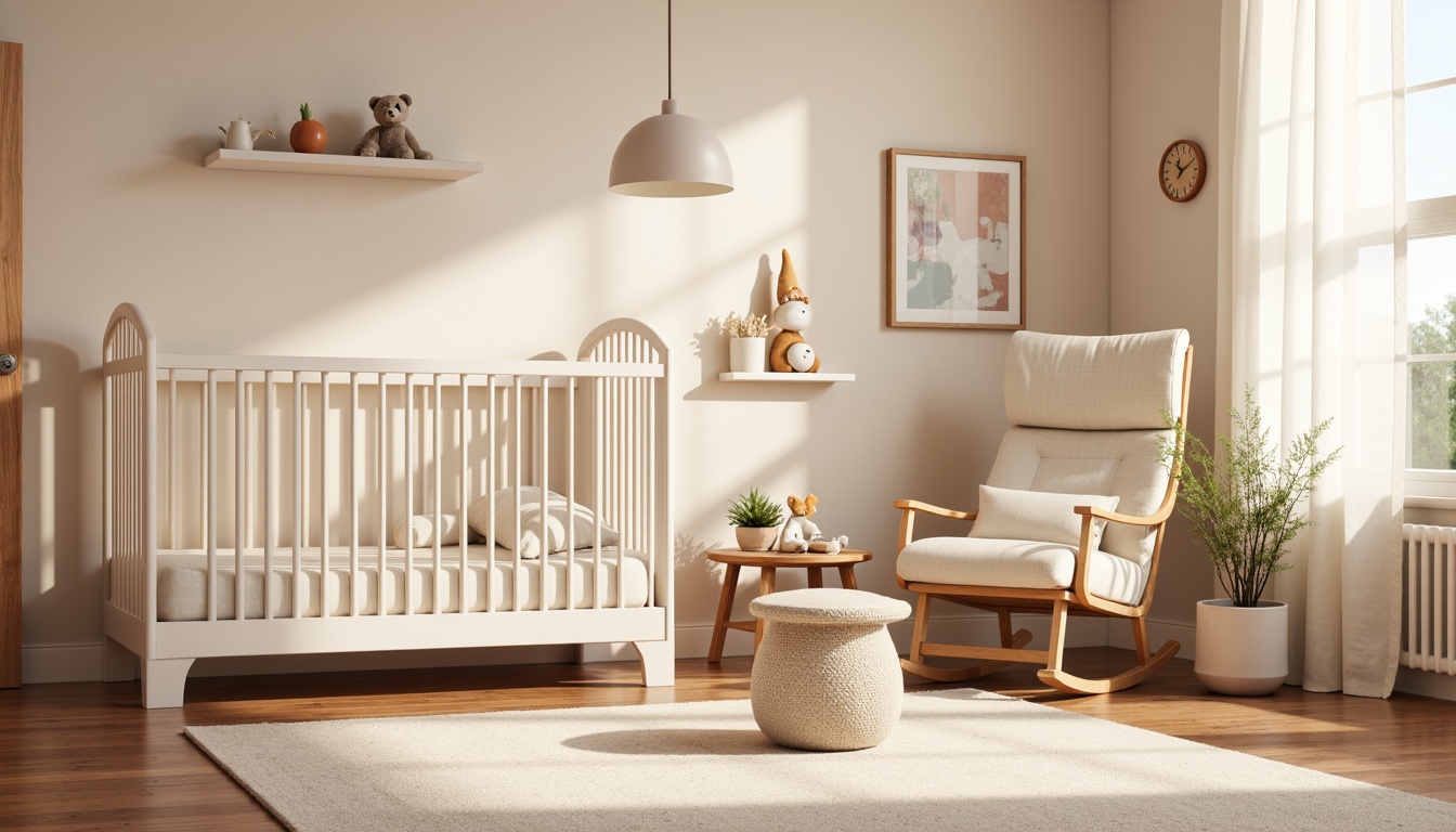 Prompt: Cozy nursery, soft pastel colors, plush toys, comfortable gliders, warm beige carpets, calming ambiance, natural light filtering, gentle breeze, soothing color palette, baby-safe fabrics, organic cotton materials, breathable mesh textiles, hypoallergenic upholstery, gentle patterns, subtle textures, rounded edges, minimal decor, peaceful atmosphere, morning sunlight, warm neutral tones, 1/1 composition, shallow depth of field, soft focus, realistic rendering.