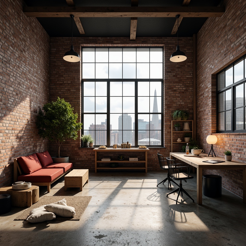 Prompt: Rustic industrial backdrop, exposed brick walls, metal beams, concrete floors, reclaimed wood accents, minimalist decor, functional furniture, geometric shapes, primary color palette, steel windows, industrial lighting fixtures, urban cityscape, cloudy day, dramatic shadows, high contrast ratio, 1/1 composition, symmetrical framing, modernist typography, distressed textures, ambient occlusion.